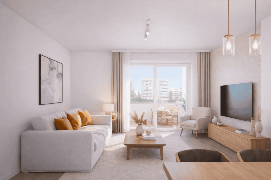 Terraza como prolongación de salón en el residencial de obra nueva de Quart de Poblet