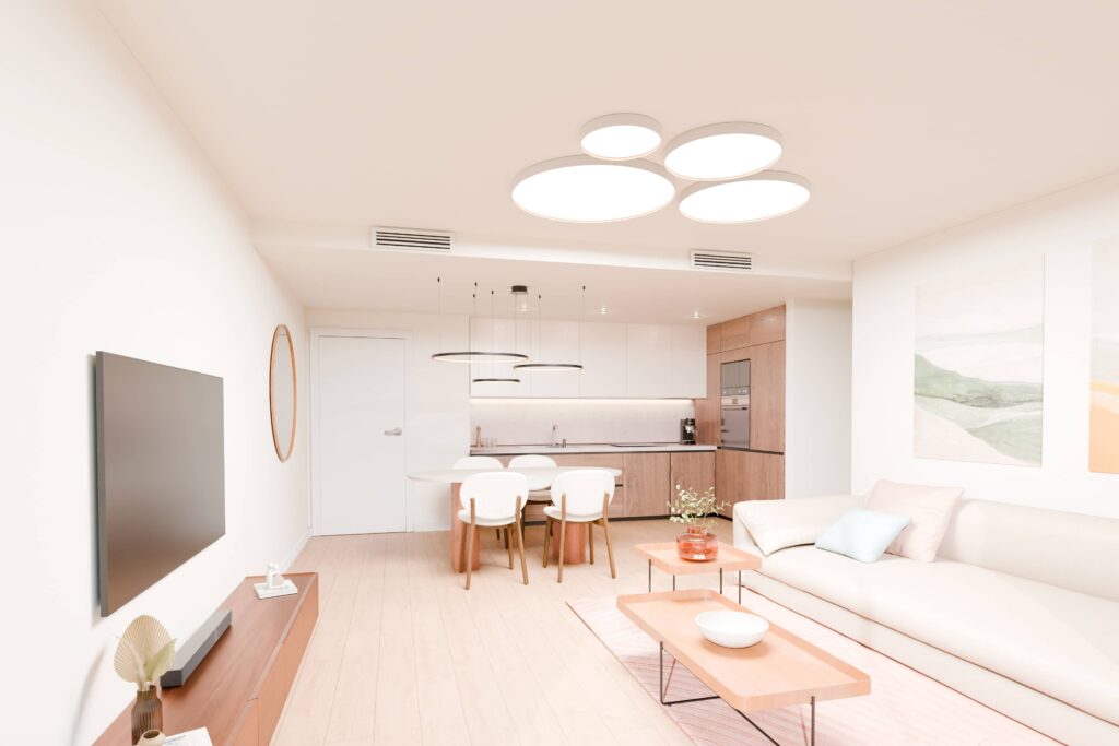 Cocina abierta al salón de obra nueva en el residencial de Quart de Poblet