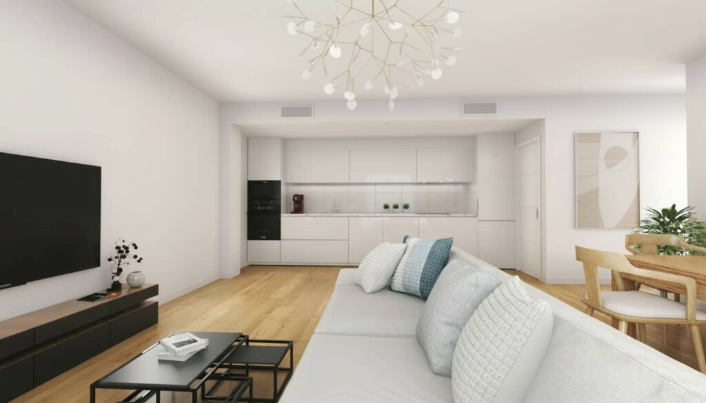 Salón luminoso en vivienda de obra nueva